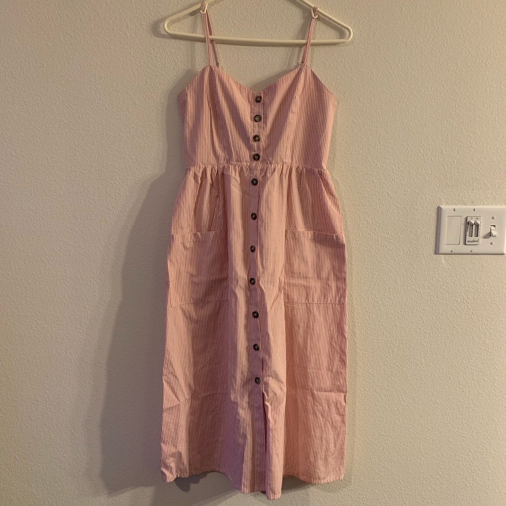 Simple Pink Striped Spaghetti Strap Midi Dress